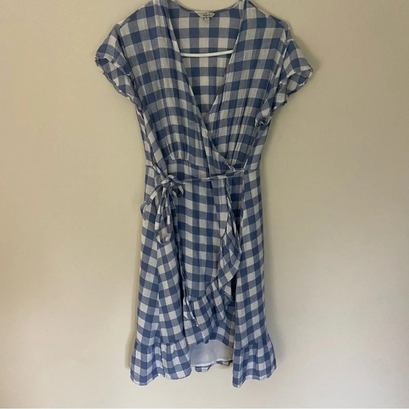RAILS Brigitte Periwinkle Check Wrap Style Dress Ruffle Linen Blend M Gingham - Picture 2 of 6